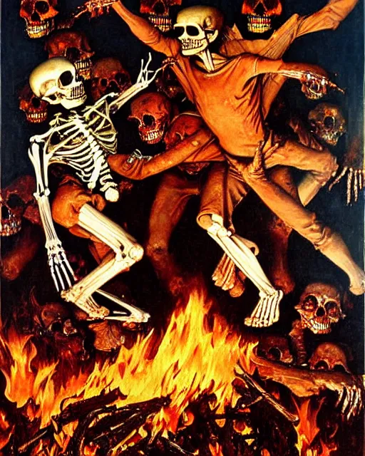 Prompt: oil geometric painting of skull skeletons burning in hell reaching for help by norman rockwell