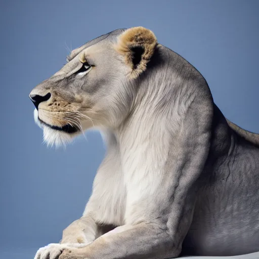 Prompt: studio photograph of a light blue lioness with wings sitting in a white room