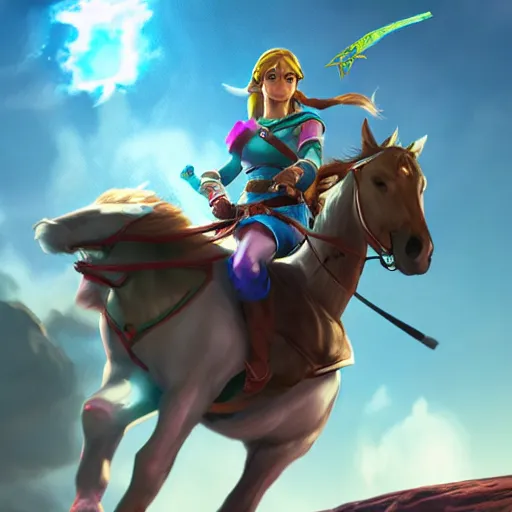 Prompt: A hyper real comic book style portait painting of Zelda the princess, riding a horse on the moon, Triforce flag on the ground, unreal 5, hyperrealistic, octane render, cosplay, RPG portrait, dynamic lighting