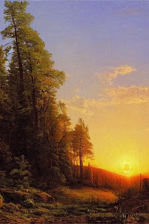 Image similar to the green mountains sunset painting by ivan shishkin