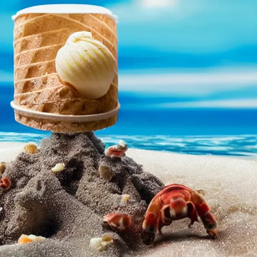 Image similar to donald trump, crying in a beach resort becase his ice cream cone fell on the sand. Hermit crabs surround the cone. Realistic, detailed, photorealistic.