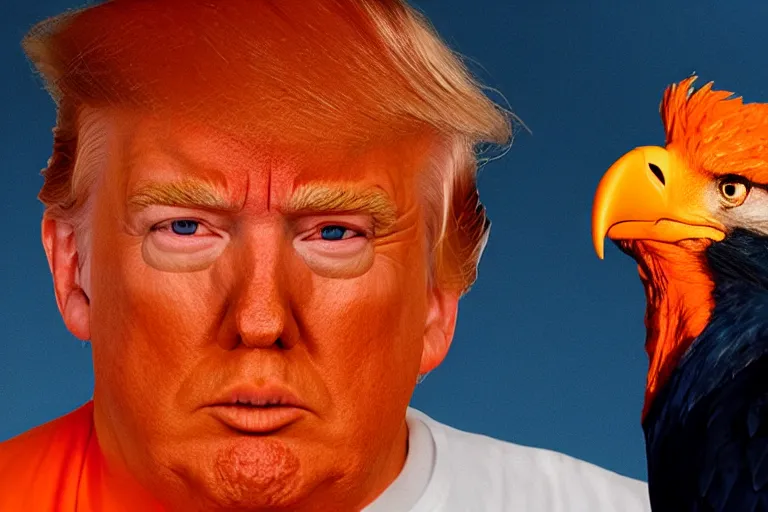 Image similar to Close-up portrait of Donald Trump in jail wearing orange clothes with an American bald eagle attacking him, octane, dramatic lighting, editorial photo, 35mm, very detailed