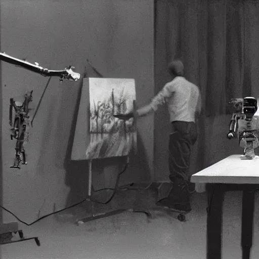 Prompt: a film still of a painter sitting at a table being dragged from his drawing table by a robot