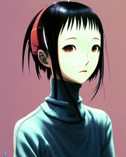 Image similar to a highly realistic, portrait of a beautiful japanese girl, serial experiments lain, wired landscape, sharp features, a beautiful face, soft smile, under studio lighting, taken with a canon eos camera with 1 3 5 mm focal length, art by range murata and yasuyuki ueda