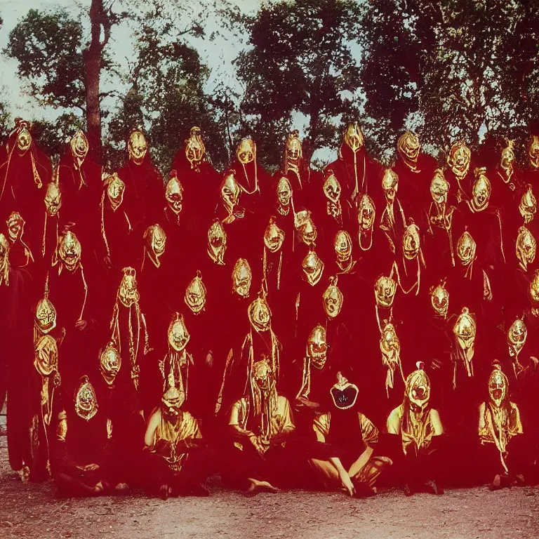 Prompt: photo group portrait of members of esoteric cult in front of a mystic temple, ektachrome, wear red tunics and mask made of gold and jewels
