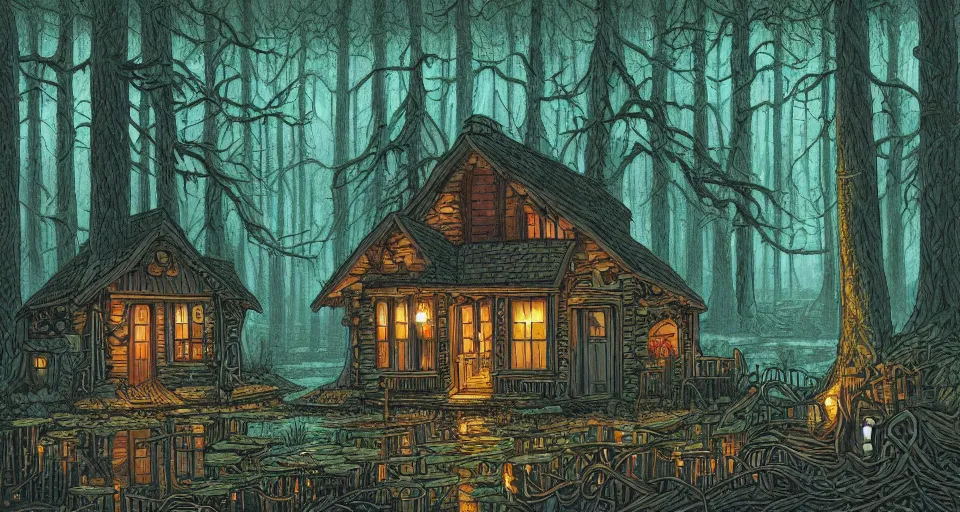 Image similar to A cozy cabin in a dense and dark enchanted forest with a swamp, by Dan mumford