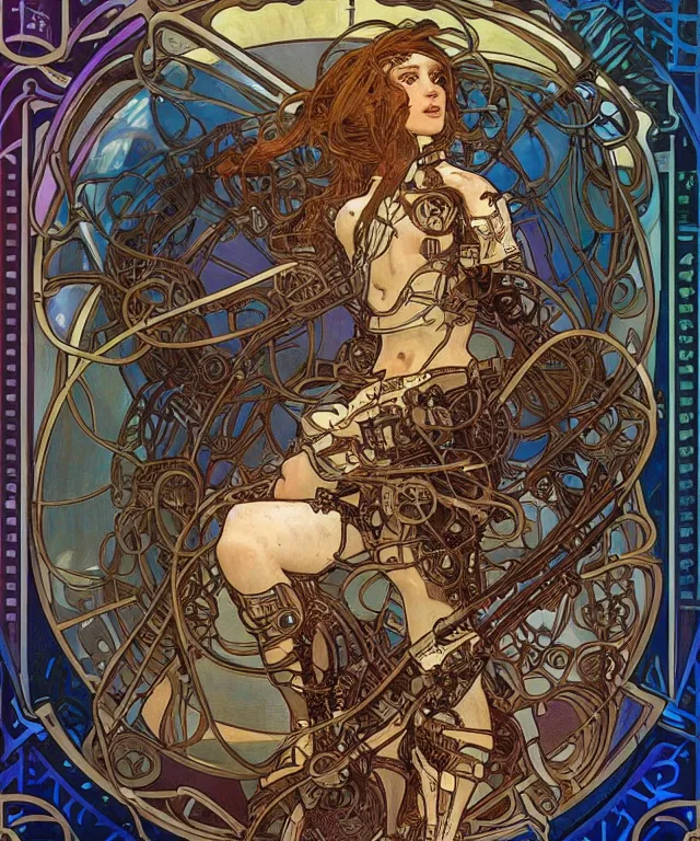 Image similar to realistic detailed portrait of a korgi! mecha cyberpunk! mage! by alphonse mucha and charlie bowater and art germ, rule of thirds, golden ratio, art nouveau! cyberpunk! style, mechanical accents!, mecha plate armor, glowing leds, flowing wires with leaves, art nouveau accents, art nouveau patterns and geometry, rich deep moody colors