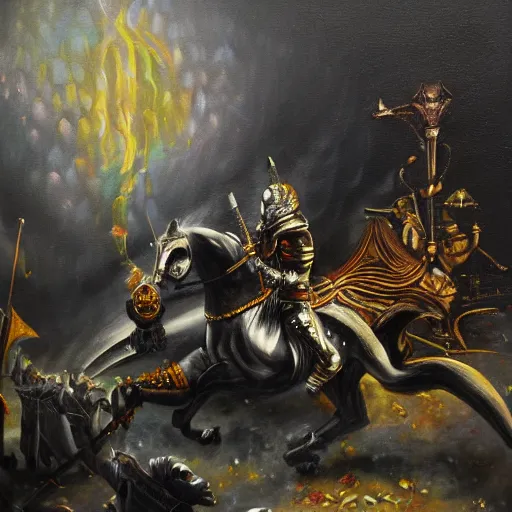 Image similar to knight's untimely demise, dark fantasy, oil painting, high detail