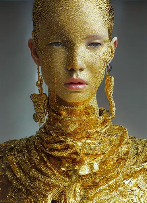 Image similar to sculpture made of gold, portrait, future, shaman, gold, close up, harper's bazaar, vogue, magazine, concept art, ornate, luxury, elite, elegant, trending on artstation, by ruan jia, by Kenneth Willardt, by ross tran, by WLOP, by Andrei Riabovitchev,