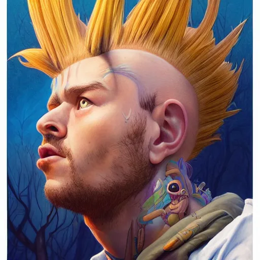 Image similar to best mohawk projector portrait by gaston bussierre and charles vess and james jean and erik jones and rhads, inspired by rick and morty, epic, funny, huge scale, beautiful fine face features, intricate high details, sharp, ultradetailed