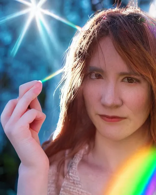 Prompt: bright lens flare, crystal, muted rainbow light, soft fuzzy shadows, cheap digital camera, low - res, woman's face