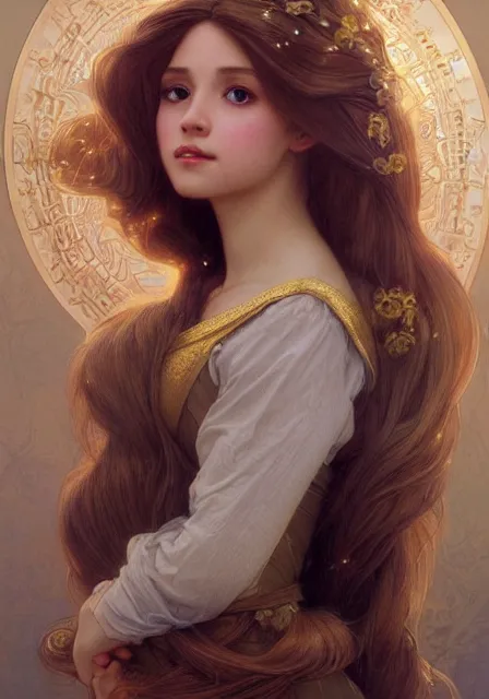 Image similar to rapunzel with long gold hair magic, intricate, elegant, highly detailed, digital painting, artstation, concept art, smooth, sharp focus, illustration, art by artgerm and greg rutkowski and alphonse mucha and william - adolphe bouguereau