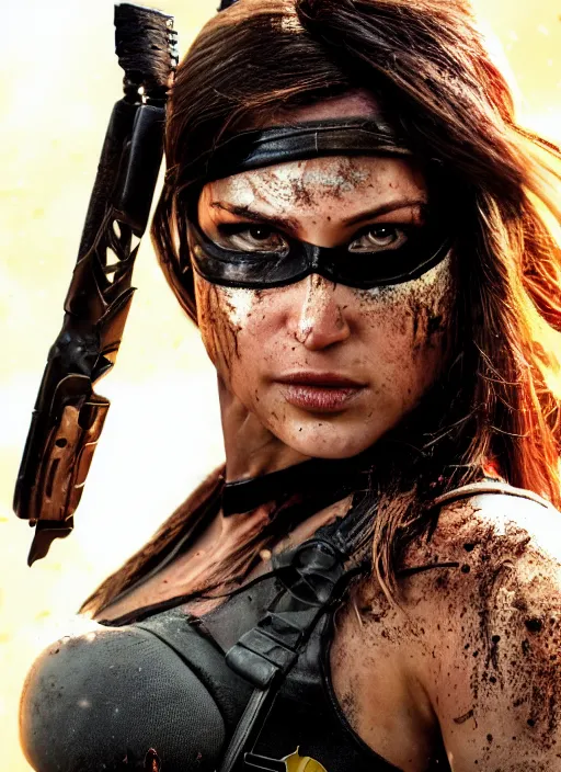 Image similar to a film still of lara croft as batgirl, her face muddy and sweat, direct sun light, close up potrait, cinematic,