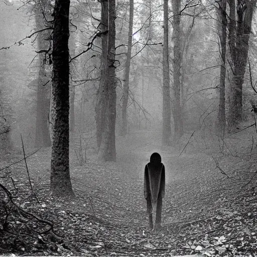 Image similar to old photograph of an alien walking through an eerie forest