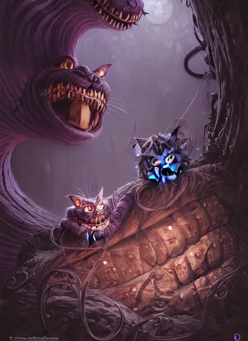 Image similar to sinister cheshire cat in hell, concept art, digital illustration, by rossdraws, frank franzzeta, intricate, masterpiece, elegant, hyper detailed, artstation, unreal engine rendered, concept art, smooth, sharp focus, illustration, art by artgerm and greg rutkowski and alphonse mucha and garis edelweiss