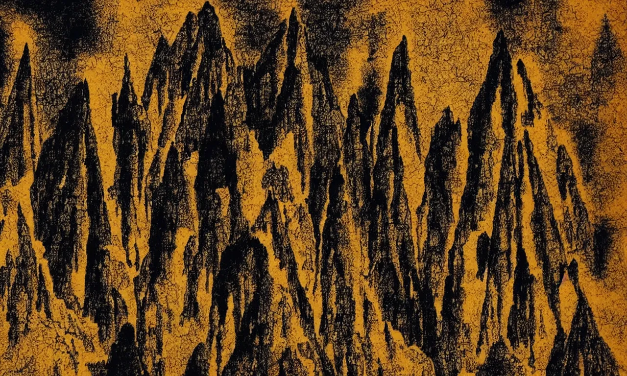 Prompt: cave painting of black pyramid in a jungle