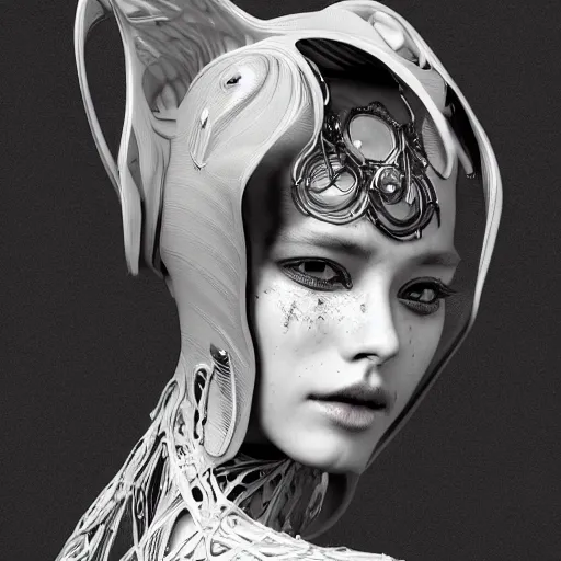 Prompt: the portrait of an absurdly beautiful, graceful, elegant, sophisticated, fashionable cyberpunk gravure idol, an ultrafine hyperdetailed illustration by kim jung gi, irakli nadar, intricate linework, bright colors, porcelain skin, unreal engine 5 highly rendered, fashion photography, half of face electronics, global illumination, radiant light, detailed and intricate environment