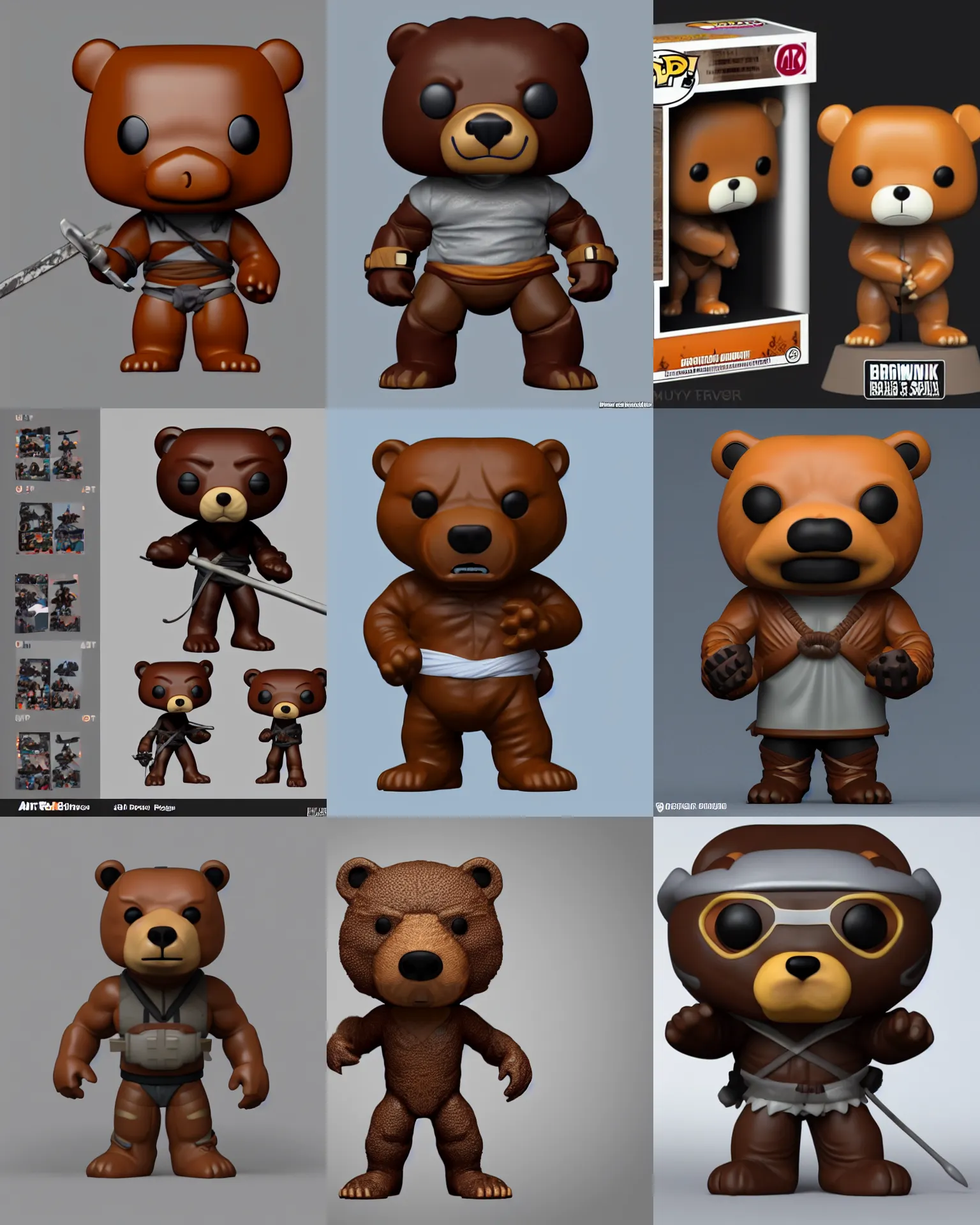 Prompt: full body 3 d render of brown ninja bear as a funko pop!, studio lighting, grey background, no shadow, blender, trending on artstation, 8 k, highly detailed