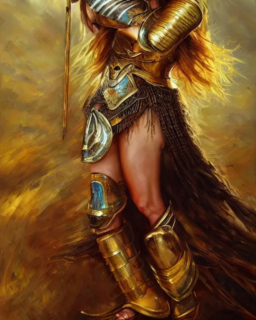 Image similar to beautiful female warrior, half body portrait, long flowing hair, heavy gold armour, realistic oil painting by Boris Valejo