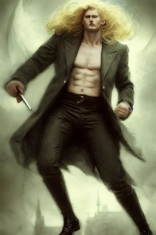 Image similar to johan liebert mixed with alucard picture by Greg Rutkowski, long fluffy blond curly hair, baroque curls, dynamic pose, matte painting, intricate, z brush, fantasy concept art, elegant, fat body type, by Stanley Artgerm Lau, WLOP, golden ratio, thomas kindkade, alphonse mucha, loish, Peter chung, norman Rockwell,