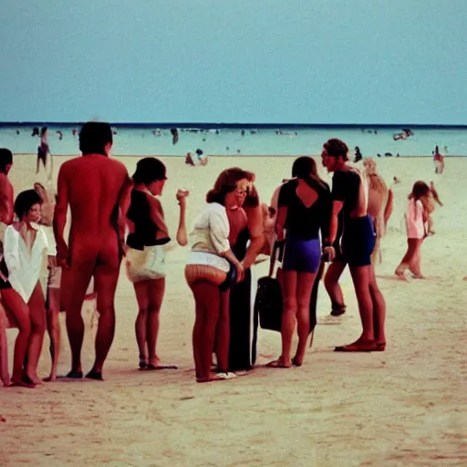 Prompt: a photo of people at the beach, by william eggleston, 1976