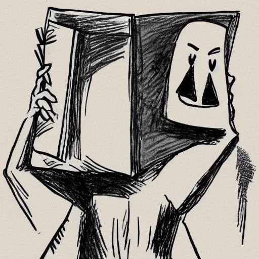 Image similar to cartoon comic of a character with a paper bag for a head, four panels, black and white, drawn in pen on cream colored parchment paper, dark strokes, 4k