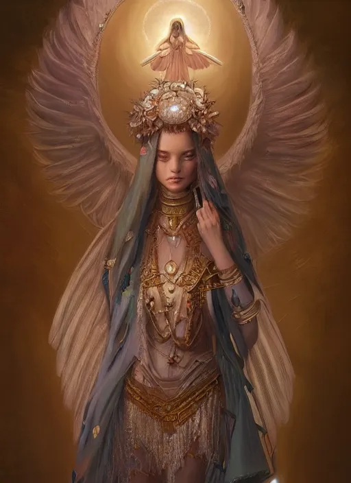 Image similar to A beautiful digital painting of a female Seraphim full of jewels, princess, the moon behind her, intricate, cinematic lighting, highly detailed, digital painting, Artstation, concept art, smooth, sharp focus, illustration, art by Tom Bagshaw, Artgerm and Greg Rutkowski