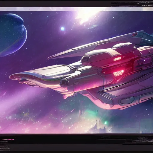 Prompt: a spaceship that looks like a manatee, colorful lights, nebula background, art by artgerm and greg rutkowski and alphonse mucha highly detailed, dieselpunk, high quality, 8 k, soft lighting, realistic face, path traced