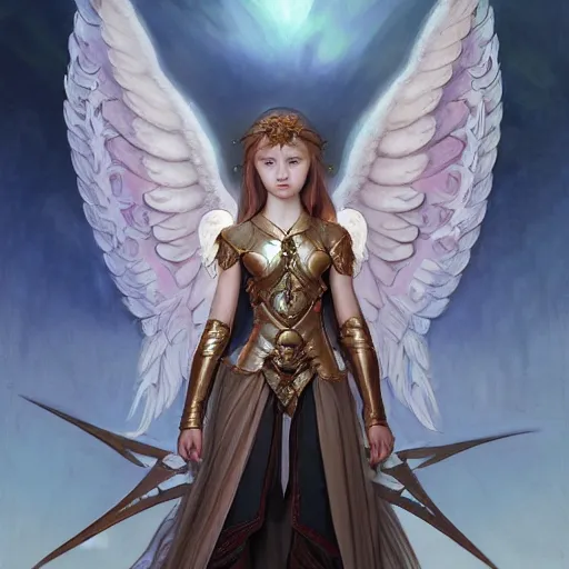 Image similar to portrait of young aasimar angel girl maiden wearing comfy leather armor with beautiful feathered angel wings, brown eyes, by artgerm and greg rutkowski and alphonse mucha and andrei riabovitchev and Rossdraws and Bluesssatan and Mandy Jurgens and Stjepan Sejic, 4k oil on linen, vivid colors, colorful, photorealistic, high dynamic range, HDR, intricate, elegant, highly detailed, digital painting, artstation, concept art, smooth, sharp focus, illustration, mid-shot, medium shot, hyperdetailed