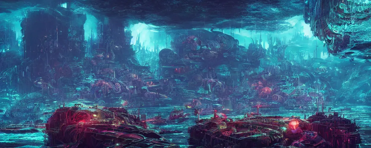 Prompt: ” underwater otherwordly city, [ deepsea, cinematic, detailed, epic, widescreen, opening, establishing, mattepainting, photorealistic, realistic textures, octane render, art by slop and paul lehr ] ”