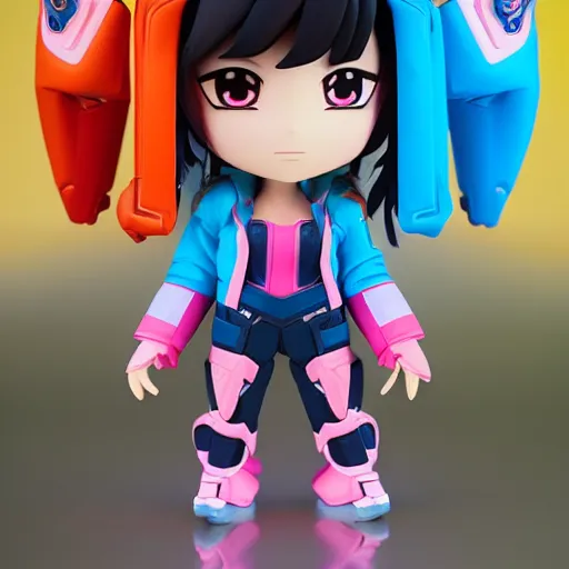 Image similar to waking dream, d. va from overwatch wearing orange ektachrome bomber jacket, nendroid, craig mullins style