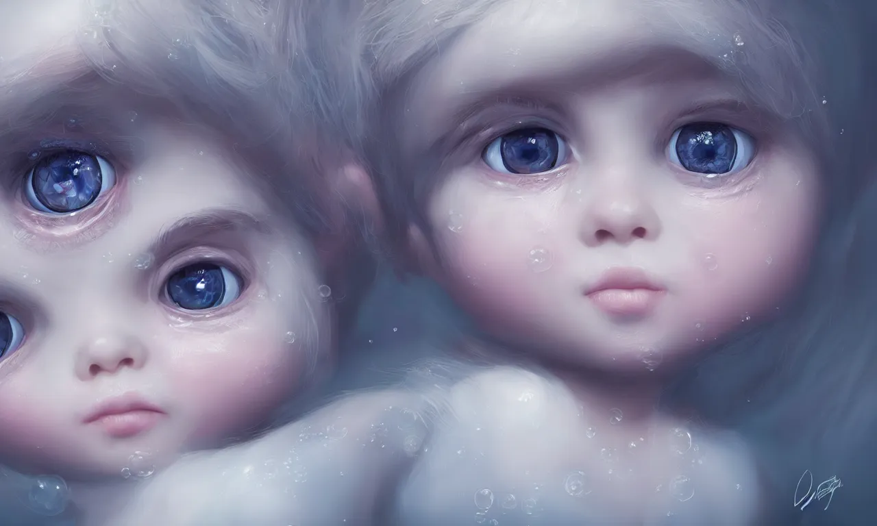 Prompt: digital painting of beautiful cute baby bubble with huge eyes, long eyelashes staring into the camera, intricate, detailed, fractals, rendered in blender, octane, artstation, grg rutkowski, muchas, artgerm