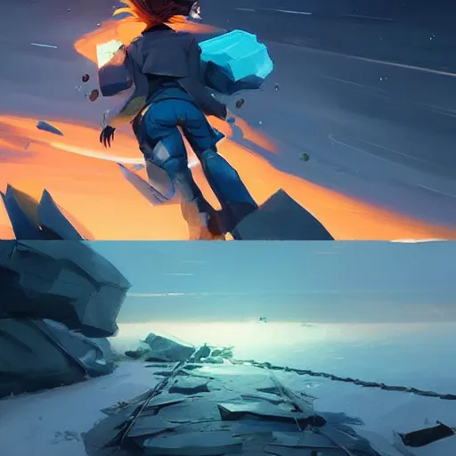 Image similar to black scrap metal pieces trailing behind blue chunk of ice hurtling through night sky, behance hd artstation by jesper ejsing by rhads, makoto shinkai and lois van baarle, ilya kuvshinov, ossdraws