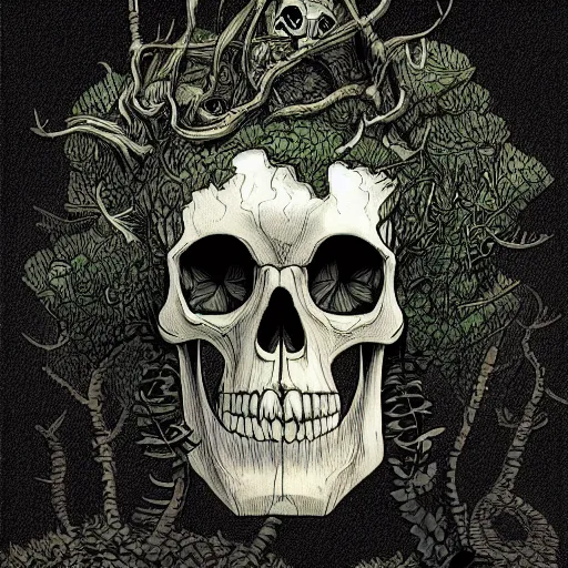 Prompt: overgrown skull inspired by René Laloux,Dan Mumford,ivy vines,moss