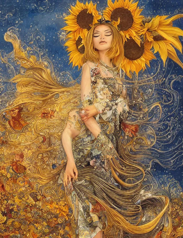 Image similar to a china cat sunflower walking proudly jingling in the midnight sun with a bodhi that drips a silver kimono Like a crazy quilt star gown through a dream night wind, intricate and complexly detailed wet oil painting, by Karol Bak and Tony Diterlizzi, influenced by Artgerm, golden hour scene, center perspective, multi-dimensional, 8k, octane rendering,