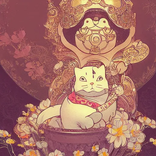 Image similar to A cute maneki neko, flowers around, D&D, fantasy, intricate, cinematic lighting, highly detailed, digital painting, artstation, concept art, smooth, sharp focus, illustration, art by Akihiko Yoshida, Greg Rutkowski and Alphonse Mucha