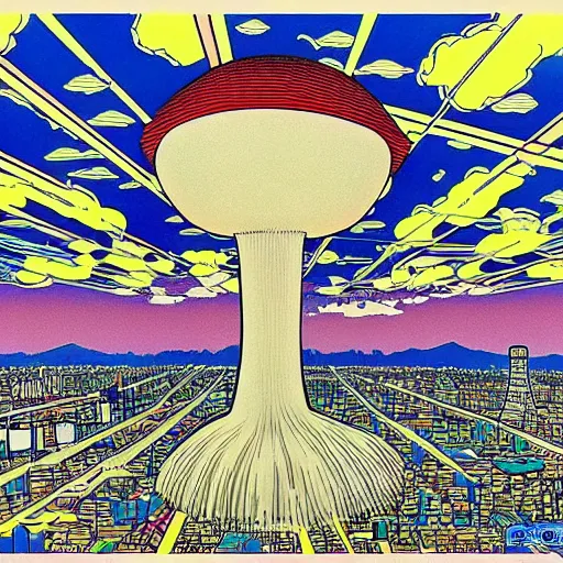 Prompt: nuclear mushroom in Tokyo by Toshio Saeki high detailed