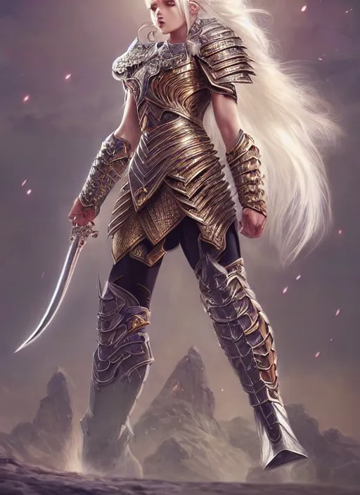 Image similar to warrior, intricate ornate opal heavy armor!!! beautiful and athletic white hair female!! gorgeous face and eyes!! character concept art, sharp focus, octane render! unreal engine 5! highly rendered!! trending on artstation!! detailed linework!! illustration by artgerm, wlop, and chie yoshii