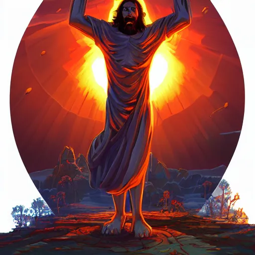 Prompt: Jesus Christ as skeleton inside an epicenter of a thermonuclear blast standing on the Earth sphere with radioactive rays to the sides, Video game icon design , 2d game fanart behance hd by Jesper Ejsing, by RHADS, Makoto Shinkai and Lois van baarle, ilya kuvshinov, rossdraws global illumination