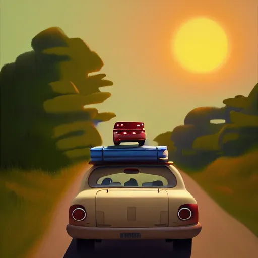 Image similar to goro fujita ilustration rear view of a car equipped with suitcases heading to the forest at sunset, painting by goro fujita, sharp focus, highly detailed, artstation