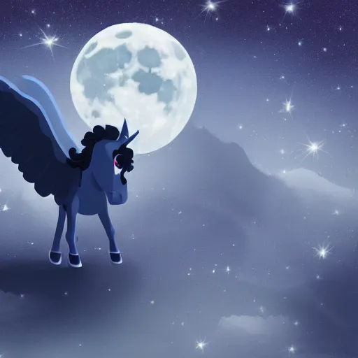 Image similar to A lonely dark-blue unicorn with wings sits on the moon's surface, sitting in the moon dust crying