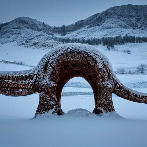 Prompt: snow landscape with gigantic dinosaur skeleton forming arches