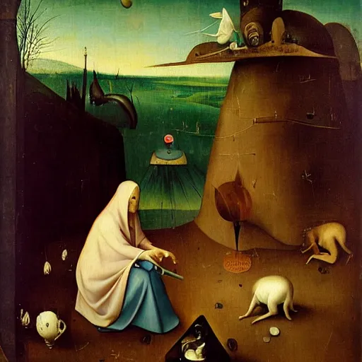 Prompt: surreal oil painting of Alice being hypnotized by a rabbit by Hieronymus Bosch