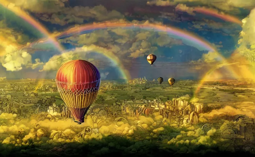 Image similar to steampunk hot air balloon flying through a double rainbow, detailed digital concept art, 4 k movie still, comic book full page by studio ghibli and winsor mccay