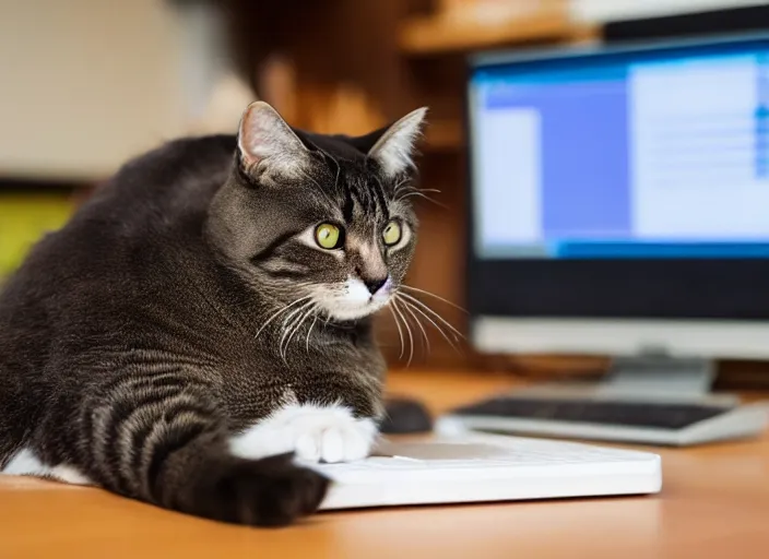 Prompt: a cat in the office using a pc