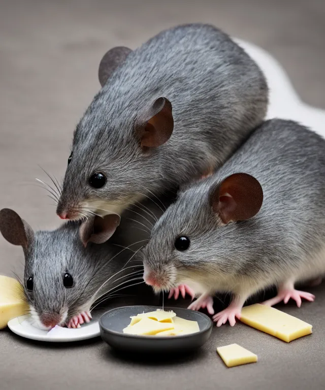 Image similar to high quality presentation photo of cute anthropomorphic grey mice eating cheese, photography 4k f1.8 anamorphic bokeh 4k Canon Nikon