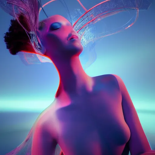 Prompt: A gorgeous young ethereal woman elegantly positioned and intertwined in popping fluid colors, Fantasy, hyperrealism, 4k, volumetric lighting, three dimensions, a digitally transformed world, user interface design, 3D modeling, artstation, illustration, and transportation design. art by Andrew Chiampo, Frederik Heyman and Jonathan Zawada, 4k