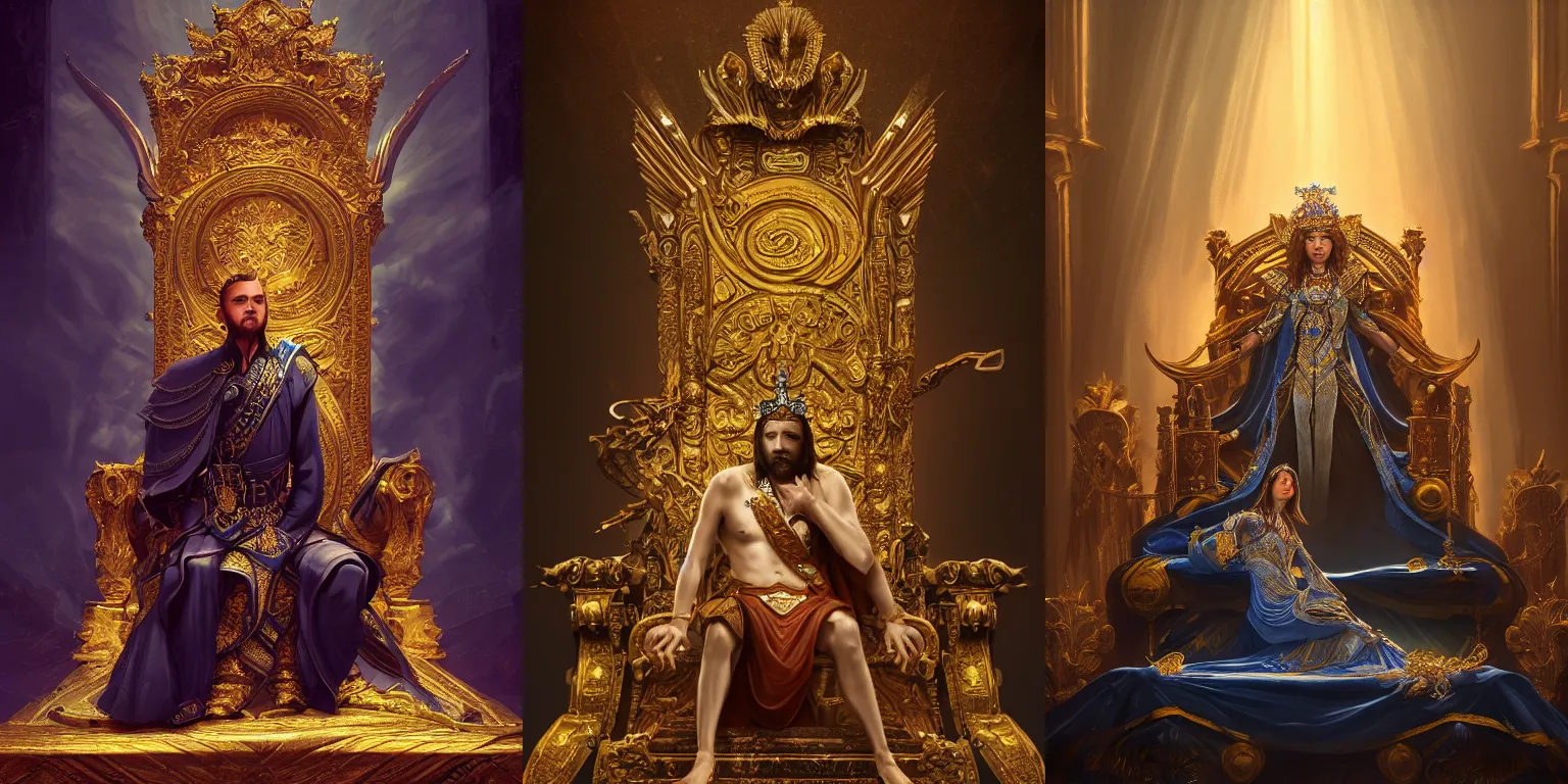 Prompt: Half-length portrait of the azur emperor sitting on its throne. Dramatic lighting. Fantasy, digital art, HD, 4k, detailed.