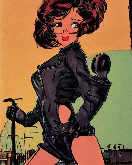 Image similar to young female protagonist in leather jacket, city street, artwork by ralph bakshi