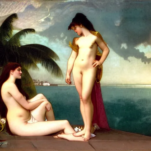 Image similar to Silhouette of two girls at the palace, thunderstorm, greek pool, beach and palm trees on the background major arcana sky, by paul delaroche, alphonse mucha and arnold böcklin arnold böcklin hyperrealistic 8k, very detailed